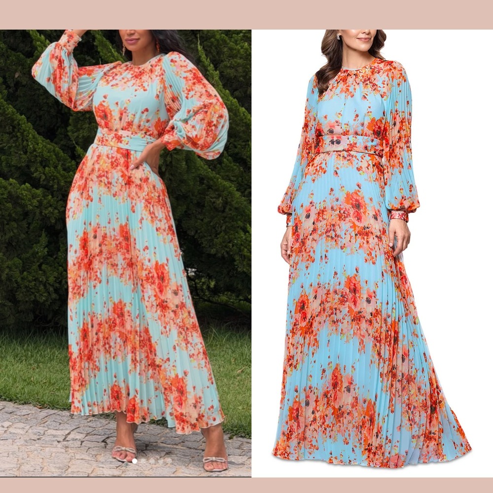 NEW Betsy & Adam [ 14 ] Floral Print Blouson Sleeve Pleated Gown Aqua Blue J2163